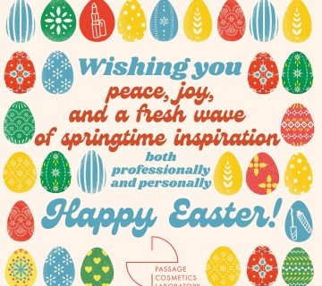 Pastel Easter greeting card with eggs and flowers featuring holiday wishes from Passage Cosmetics Laboratory, a private label cosmetics manufacturer 