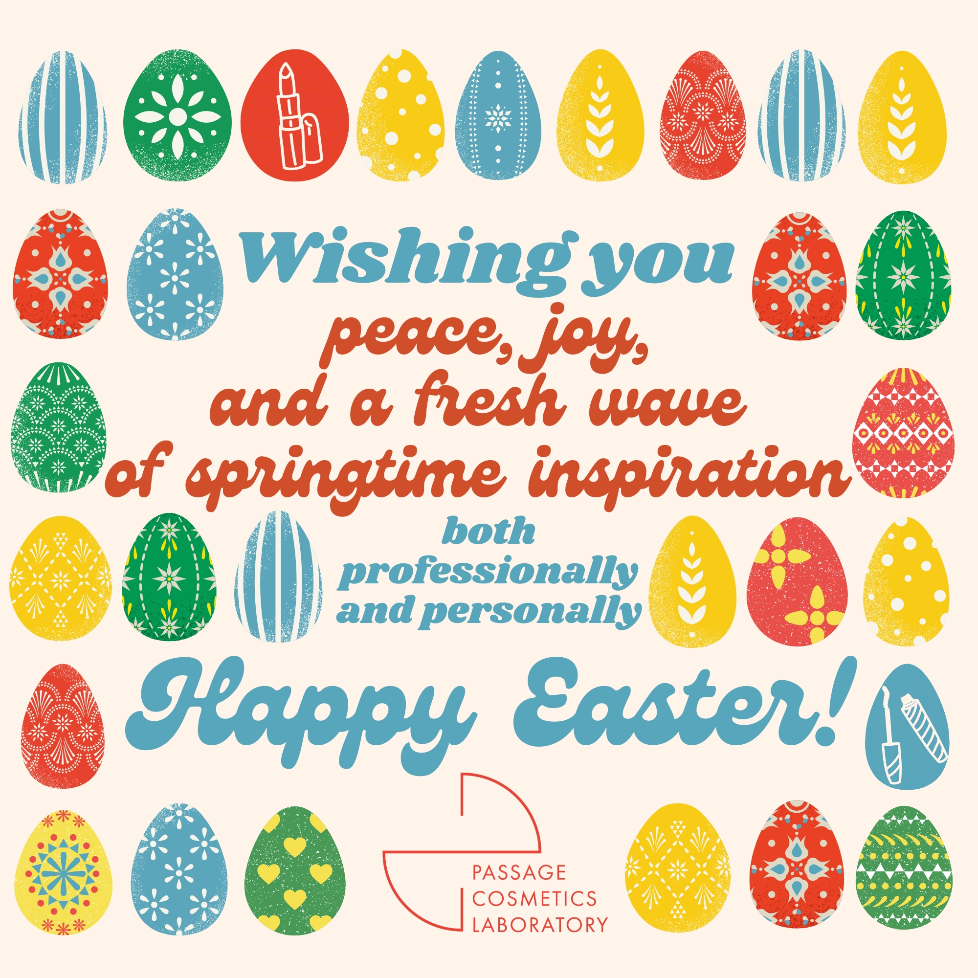 Pastel Easter greeting card with eggs and flowers featuring holiday wishes from Passage Cosmetics Laboratory, a private label cosmetics manufacturer 