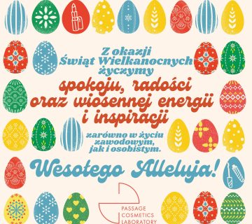 Pastelowa kartka wielkanocna z jajkami i kwiatami, z życzeniami od Passage Cosmetics Laboratory – producenta kosmetyków na zlecenie 