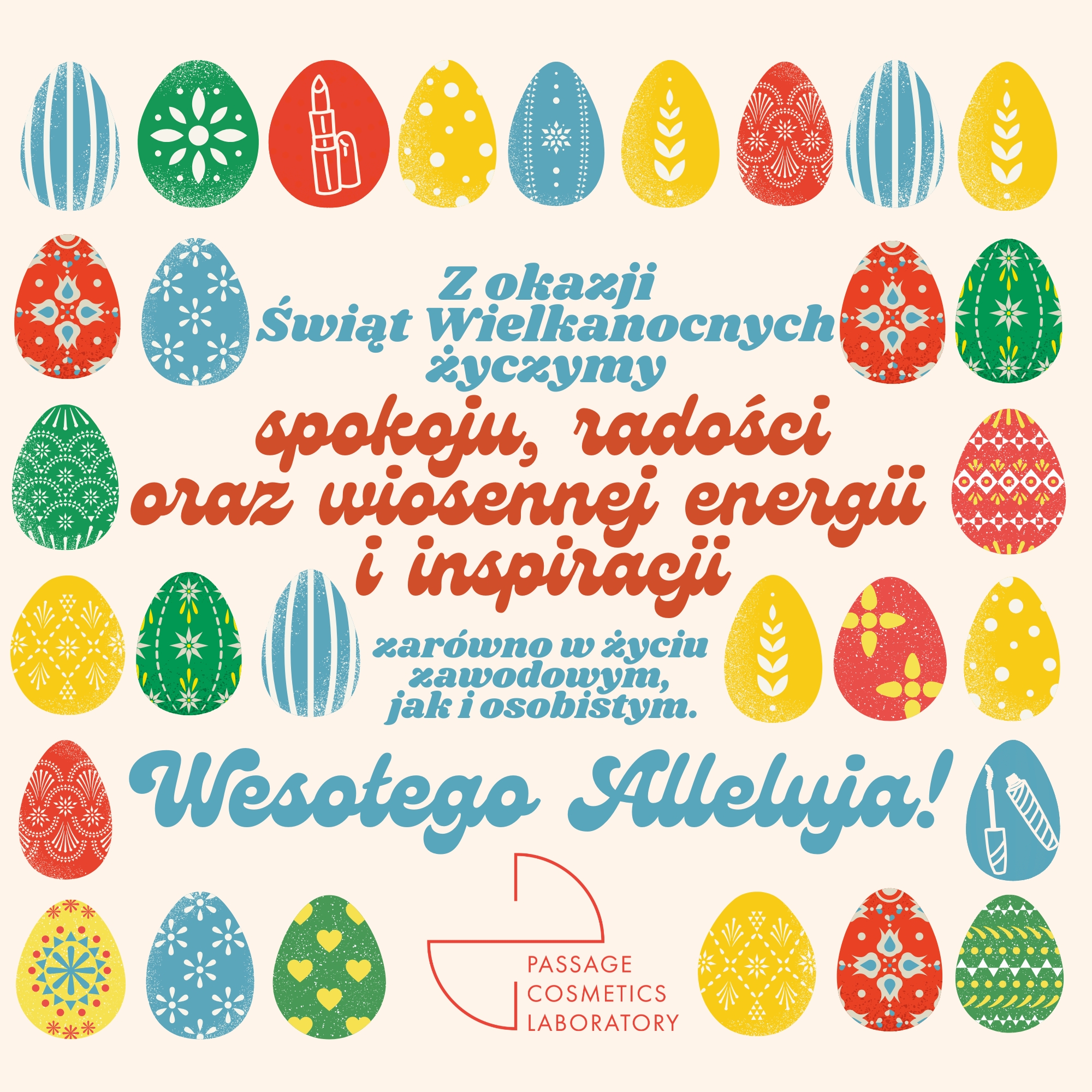 Pastelowa kartka wielkanocna z jajkami i kwiatami, z życzeniami od Passage Cosmetics Laboratory – producenta kosmetyków na zlecenie 