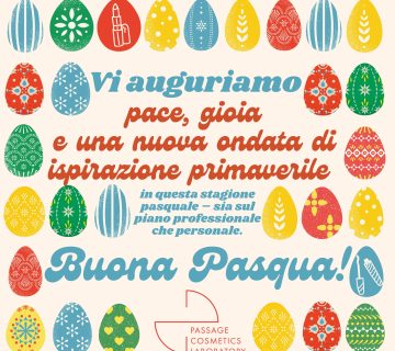 Cartolina di Pasqua con fiori e uova in toni pastello con auguri da Passage Cosmetics Laboratory, produttore di cosmetici conto terzi 