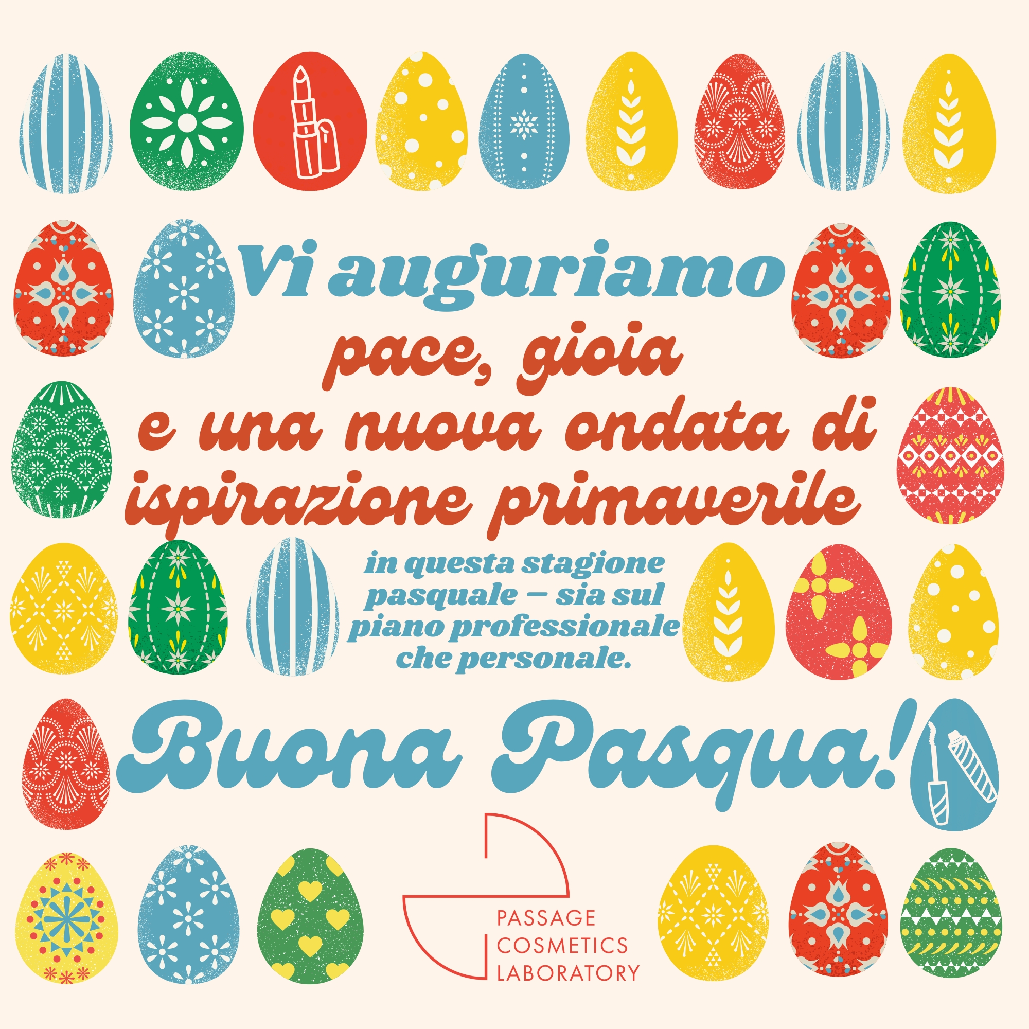 Cartolina di Pasqua con fiori e uova in toni pastello con auguri da Passage Cosmetics Laboratory, produttore di cosmetici conto terzi 