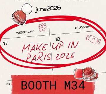 Banner promoting Passage Cosmetics Laboratory participation at MakeUp in Paris 2026  Information about the event taking place on June 17–18, 2026 in Paris and booth number M34  Beauty inspired design featuring makeup product illustrations 